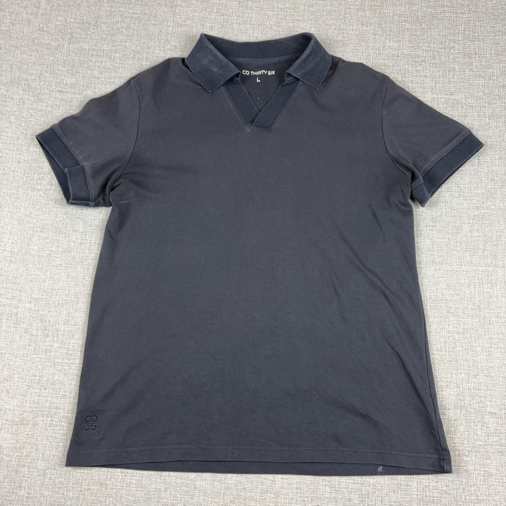 CO THIRTY SIX Polo Shirt Mens L Gray Solid Jersey Knit Logo Casual Short Sleeve